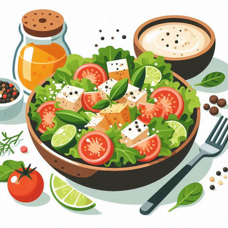 Greek salad with feta cheese, cherry tomatoes, olives and herbs. Vector illustrationのイラスト素材
