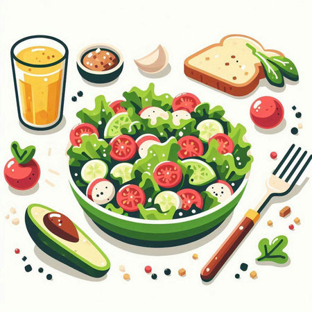 Salad in a bowl with avocado, tomato, cucumber, onionnnaise and bread. Vector illustration.のイラスト素材