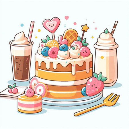 Illustration of a sweet cake with strawberry, blueberry, cherry and ice creamのイラスト素材