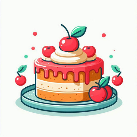 Cake with cherries. Vector illustration of a piece of cake.のイラスト素材