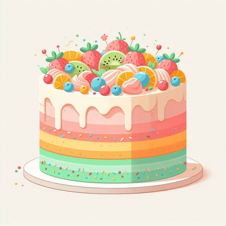 Birthday cake with fruits and berries. Vector illustration in retro style.のイラスト素材