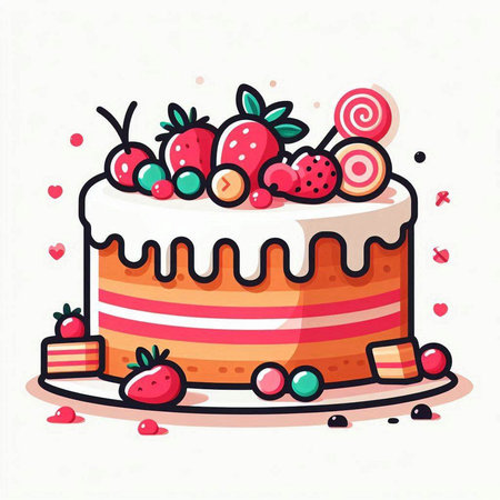 Vector illustration of cake with strawberries, cherries and candies.のイラスト素材