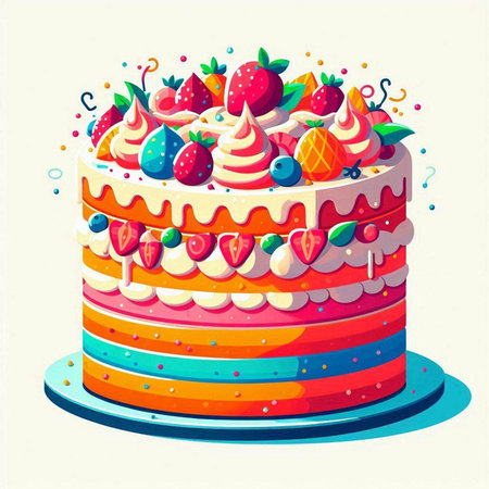 Birthday cake with strawberry, blueberry, cherry and other berries. Vector illustration.のイラスト素材