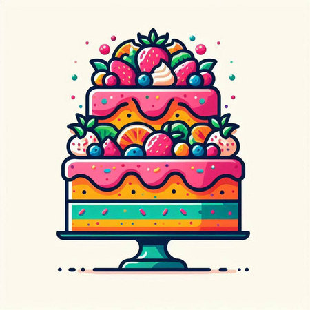 Colorful vector illustration of cake with fruits and berries, flat styleのイラスト素材