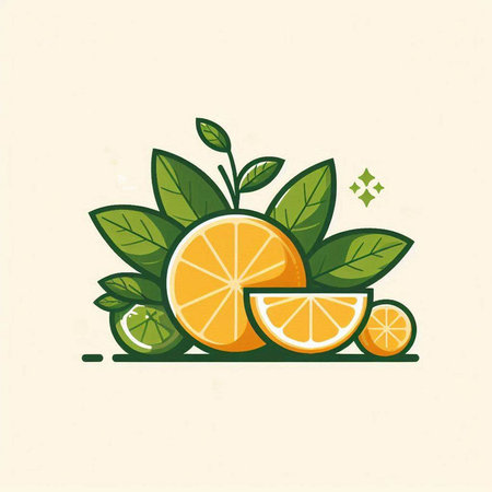 Lemon and lime slices with leaves. Vector illustration in flat style.のイラスト素材