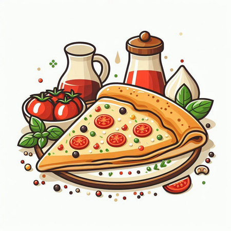Pizza with tomatoes, basil and olive oil. Vector illustration.のイラスト素材