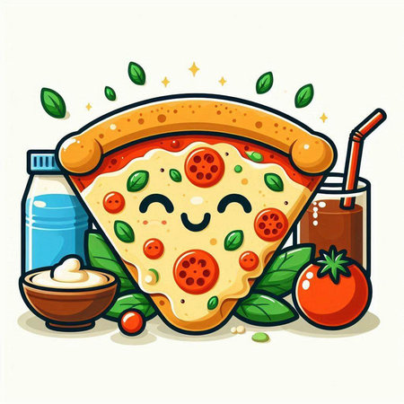 Pizza slice with tomato, mozzarella and basil. Vector illustrationのイラスト素材