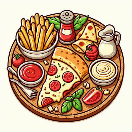 Vector illustration of a pizza with tomato, mozzarella, olives, cheese and basilのイラスト素材