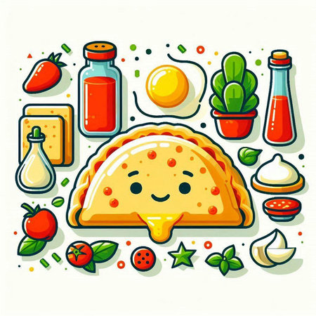 Kawaii pizza with ingredients. Vector illustration in cartoon style.のイラスト素材