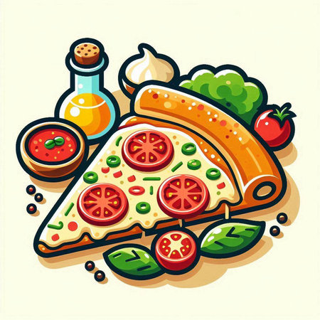 Pizza with tomato, pepper, mozzarella and basil. Vector illustrationのイラスト素材