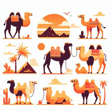 Camel flat icons set with camels and pyramids isolated vector illustrationのイラスト素材