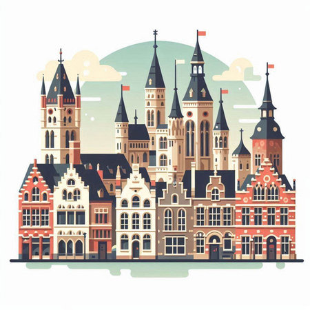 Old town of Bruges, Belgium, Europe. Vector illustrationのイラスト素材