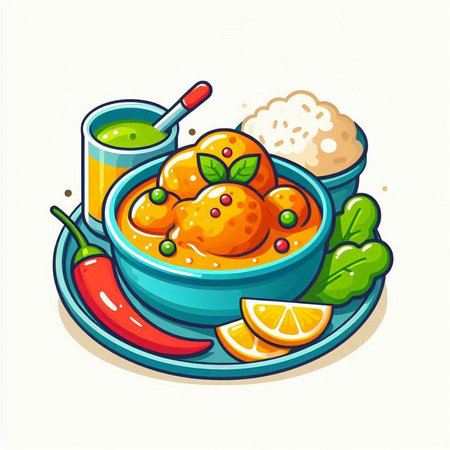 Indian cuisine vector illustration of tikka masala in bowl with garnish.のイラスト素材