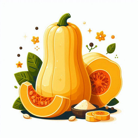 Pumpkin vector illustration. Whole and half pumpkins, whole pumpkins, sliced pumpkins with leaves and seeds isolated on white background.のイラスト素材