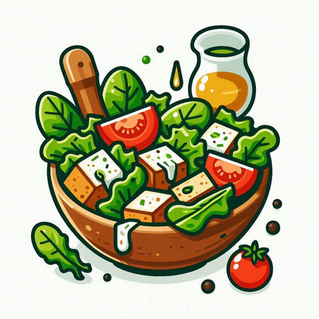 Vegetarian salad in a wooden bowl. Hand drawn vector illustration.のイラスト素材
