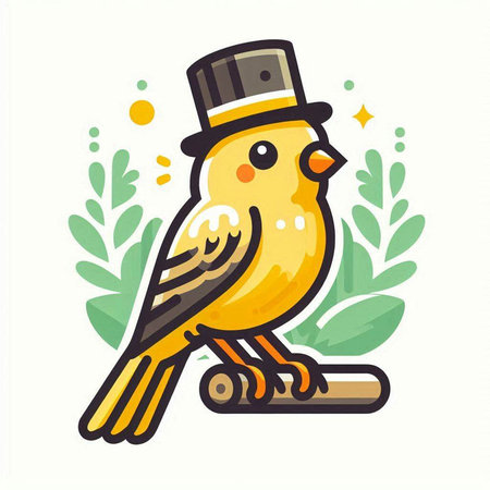 Cute yellow bird with top hat and green leaves. Vector illustration.のイラスト素材