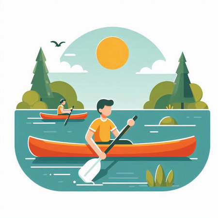 Man in a kayak on the river. Flat style vector illustration.のイラスト素材