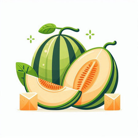 Melon fruit with slices and cubes on white background, vector illustrationのイラスト素材