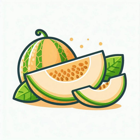 Melon with leaves isolated on white background. Vector illustration in cartoon style.のイラスト素材
