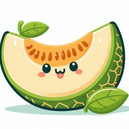 Cute cartoon melon character with green leaves. Vector illustration.のイラスト素材