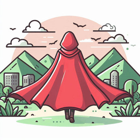 Vector illustration of a red cloak in the park on the background of mountainsのイラスト素材