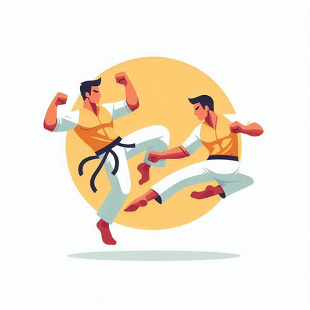 Martial arts training. Man in kimono and young man in sportswear. Vector illustrationのイラスト素材