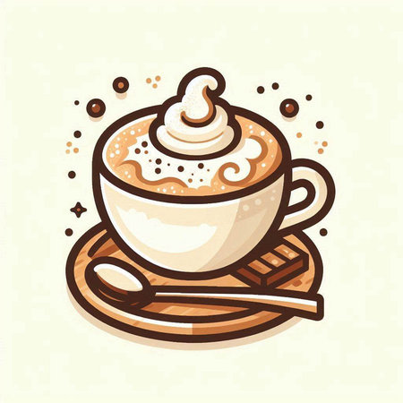 Coffee cup with whipped cream and spoon. Vector illustration.のイラスト素材