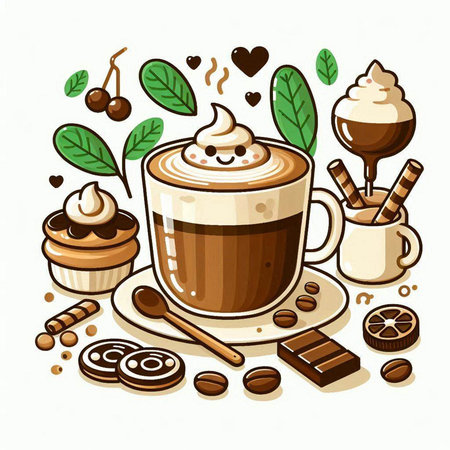 Coffee cup with whipped cream, coffee beans, chocolate, ice cream, cookies. Vector illustration.のイラスト素材