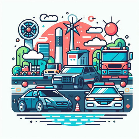 Car traffic on the road in the city. Vector illustration in flat styleのイラスト素材