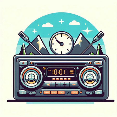 Retro radio with a clock and stationery. Vector illustration.のイラスト素材