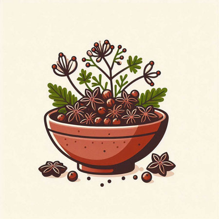 Illustration of a bowl of fennel seeds and parsley.のイラスト素材