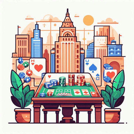 Casino gambling concept. Vector illustration in flat cartoon style with cityscape background.のイラスト素材