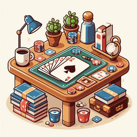 Poker table with deck of playing cards and chips. Vector illustrationのイラスト素材