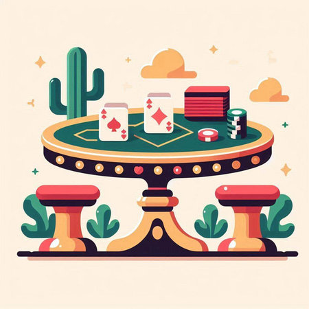 Casino table with poker chips and cactus. Vector illustration.のイラスト素材