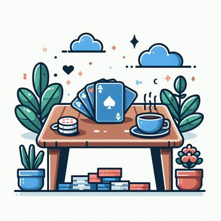 Vector illustration of a table with a cup of coffee, a teapot and cards.のイラスト素材