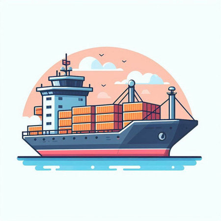 Cargo ship. Freight transportation. Vector illustration in flat styleのイラスト素材