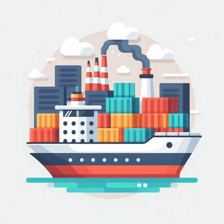 Cargo ship and industrial port. Vector illustration in flat style.のイラスト素材