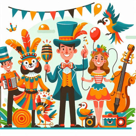 Carnival party with clowns and musicians. Vector cartoon illustrationのイラスト素材