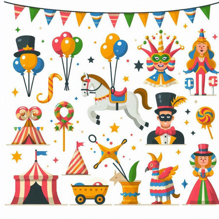 Circus and carnival icons set. Flat style vector illustration.のイラスト素材