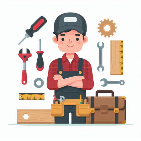 Carpenter with tools. Vector illustration in a flat style.のイラスト素材