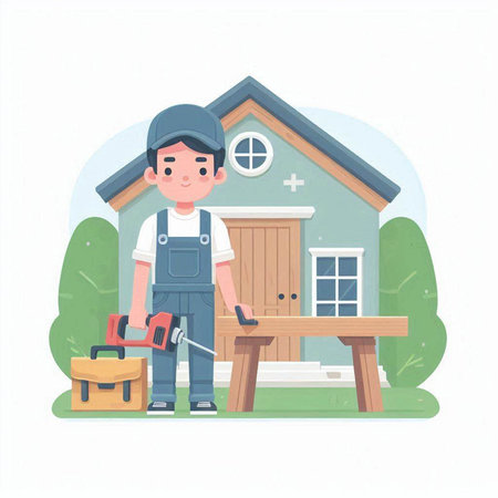 Carpenter in uniform with tools. Vector illustration in cartoon styleのイラスト素材
