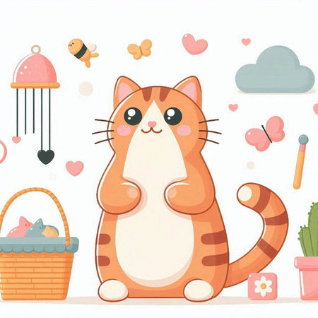 Cute cartoon cat with basket and hearts on white background. Vector illustration.のイラスト素材