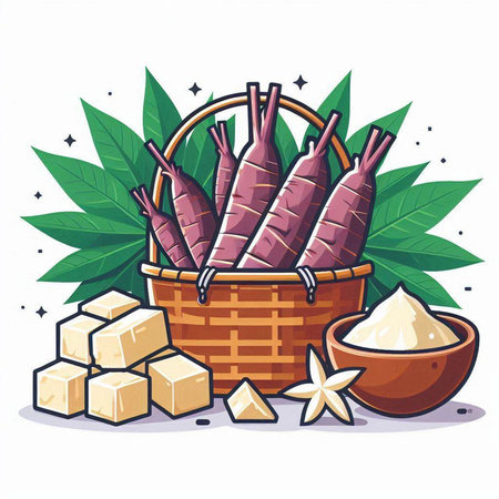 Cassava in a basket and sugar cubes. Vector illustration.のイラスト素材