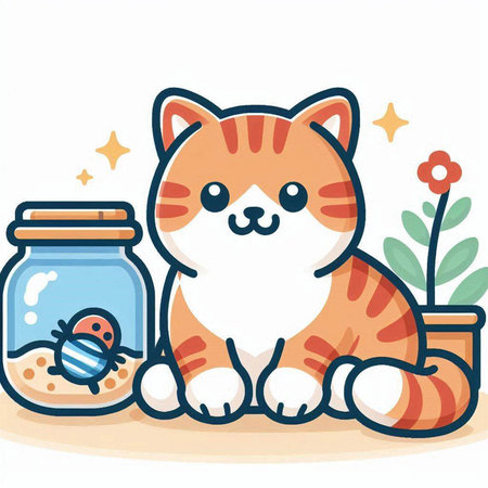 Cute cat and a jar of food. Vector illustration in cartoon style.のイラスト素材