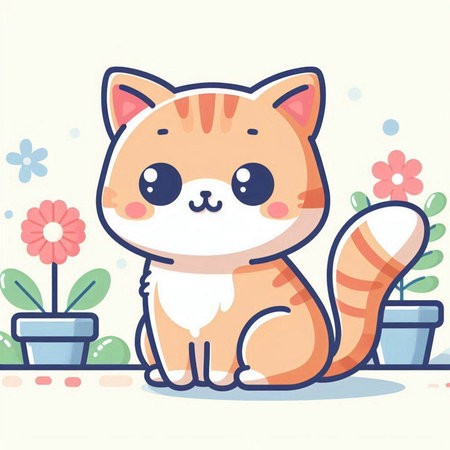 Cute cat with flowers. Vector illustration in a flat style.のイラスト素材