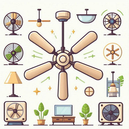 Vector set of flat design icons for home appliances and electronics. Illustration of fan, table, lamp, air conditioner.のイラスト素材