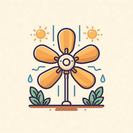 Vintage electric fan with water drops. Vector illustration in linear styleのイラスト素材