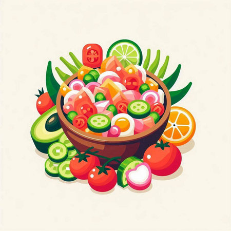 Fresh vegetable salad in a bowl. Vector illustration in cartoon style.のイラスト素材