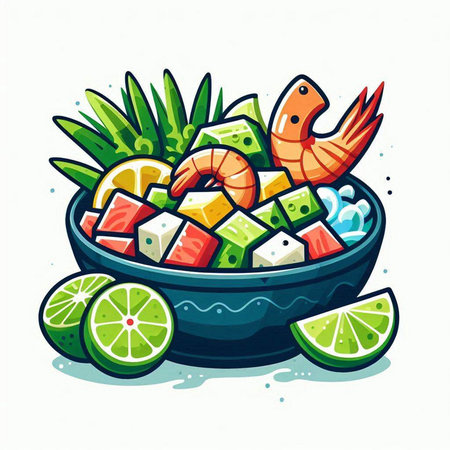 Illustration of a bowl of shrimp salad with lime. Vector illustrationのイラスト素材
