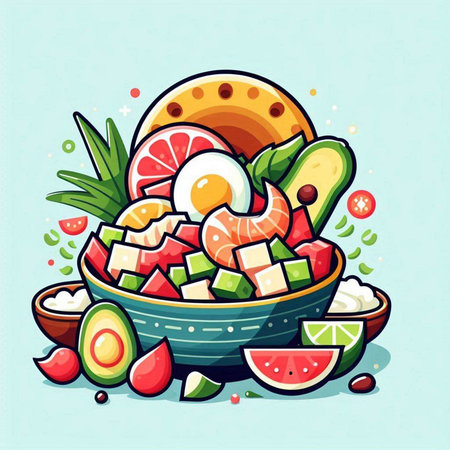 Salad with avocado, tomato and cucumber. Vector illustration.のイラスト素材
